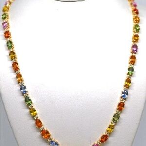 New  Estate 14KYG 24.3Ctw Multi Color Sapphires & 1.50Ct Diamond Necklace 22.38g